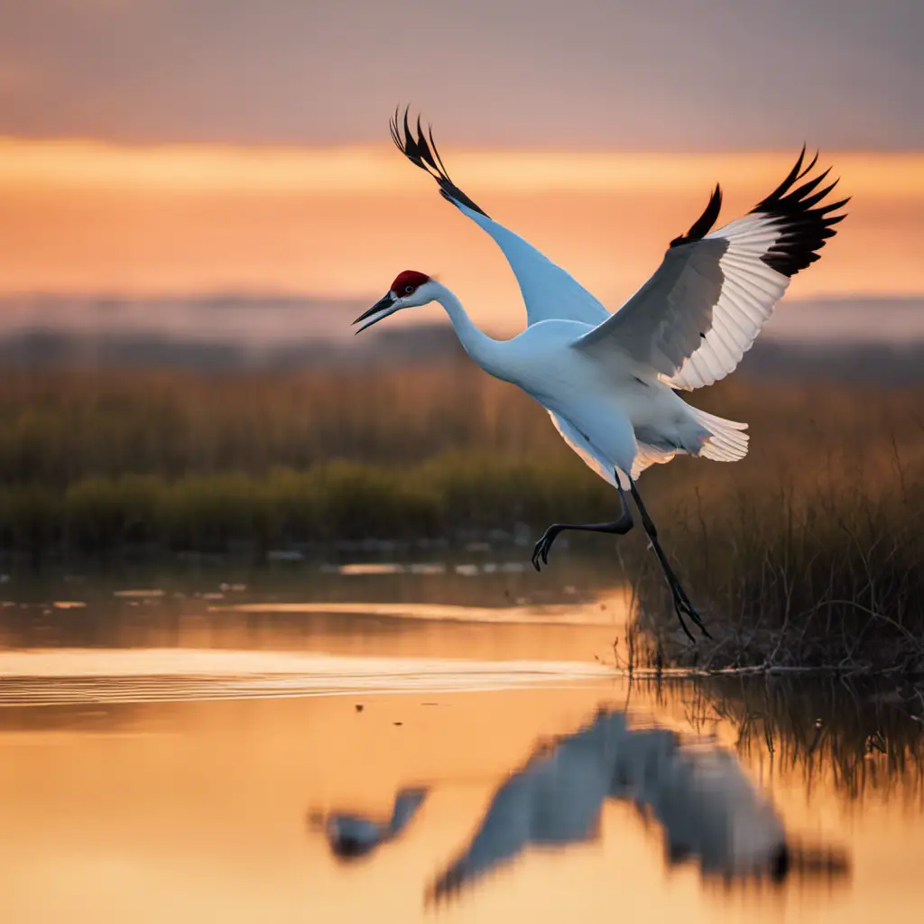 An image capturing the elegance of a Whooping Crane, a majestic white bird with a wingspan of up to 7 feet, gracefully soaring across a serene wetland landscape at dawn