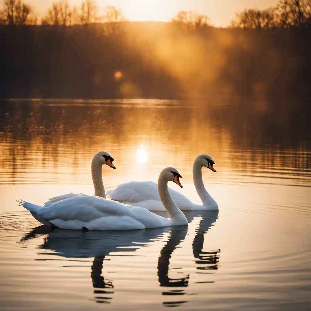 An image capturing the elegance of two majestic swans gliding gracefully on a glassy lake, their snowy feathers glistening in the golden sunlight, as they create ripples on the tranquil water's surface