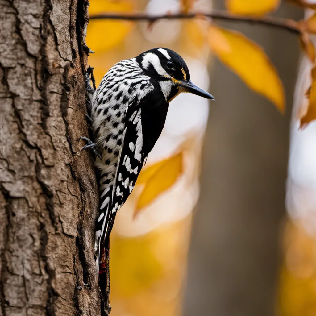 An image capturing the vibrant autumn scene of a Yellow-bellied Sapsucker perched on a smooth tree trunk, its striking black and white plumage contrasting against the fiery red and golden leaves of a New Jersey forest