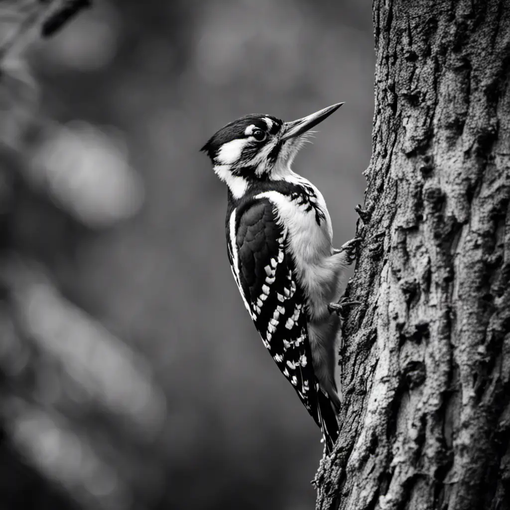 An image capturing the essence of a Hairy Woodpecker in NJ: A striking black and white bird with a sturdy beak, perched on a tree trunk, rhythmically tapping its head against the bark
