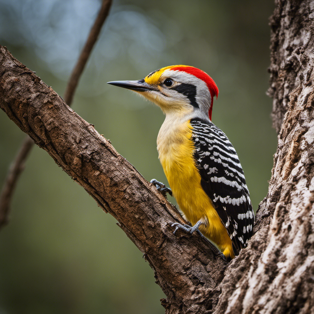 An image capturing the vibrant essence of a Golden-fronted Woodpecker in Texas, emphasizing its striking yellow crown, black-and-white striped wings, and the rhythmic motion of its beak hammering against a tree trunk