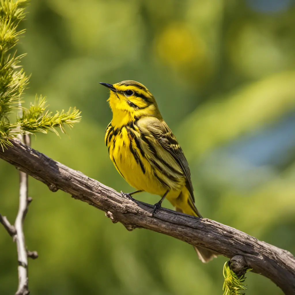 An image showcasing the vibrant beauty of a Prairie Warbler in California's golden landscape