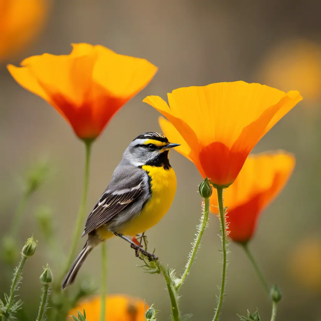 An image capturing a vibrant Yellow-throated Warbler perched on a blooming California poppy, its lemon-yellow throat contrasting against the flower's fiery orange petals