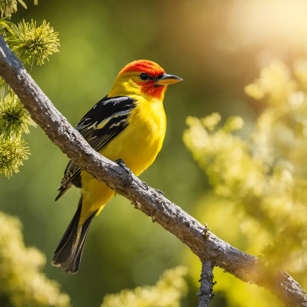 An image capturing the vibrant Western Tanager perched on a sunlit branch amidst California's golden landscape