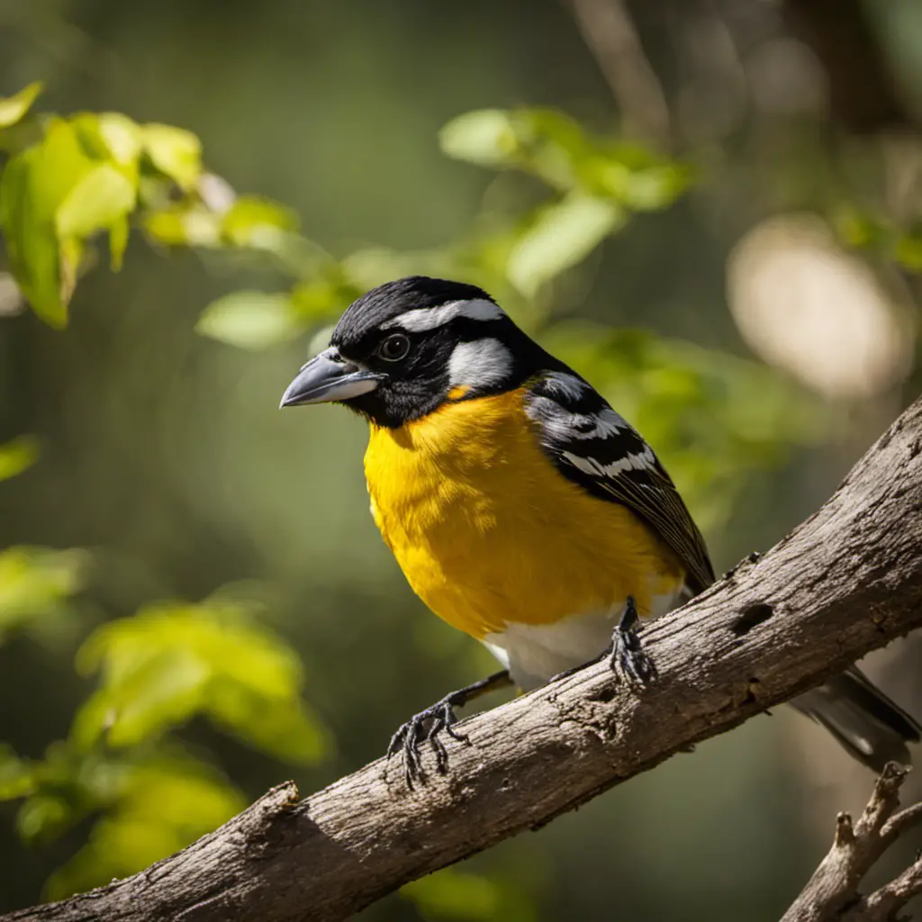 E the vibrant essence of California's Yellow Birds as you focus your lens on the captivating Black-headed Grosbeak, its striking black and white plumage contrasting against a backdrop of golden sunshine and lush green foliage