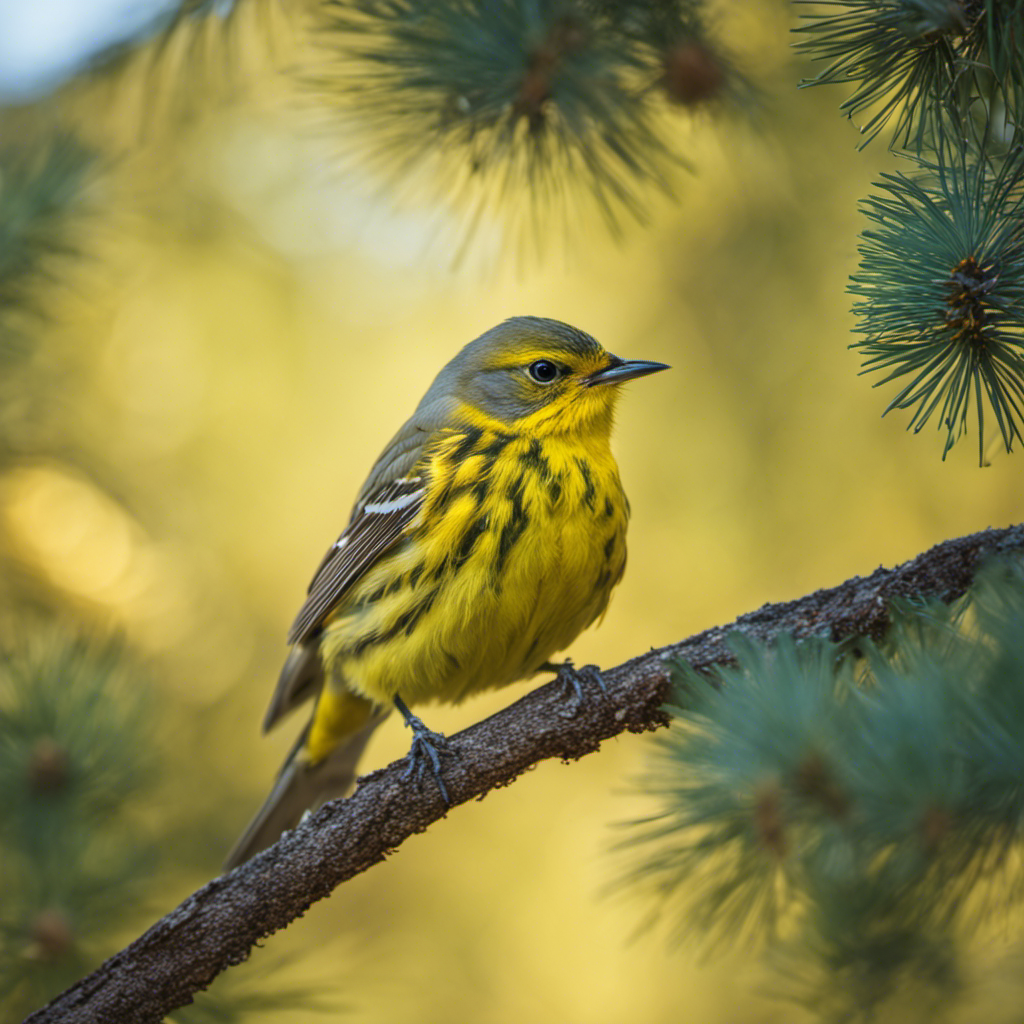 An image capturing a vibrant Pine Warbler perched on a sun-kissed branch amidst a dense forest of towering coastal pines, its lemon-yellow plumage illuminated against a backdrop of azure California skies