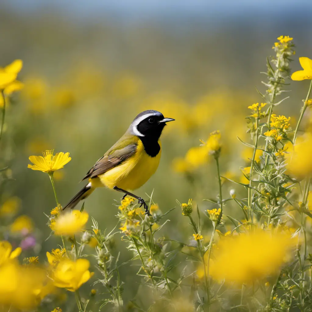 An image capturing the vibrant essence of California's Yellow-breasted Chat: a bold, lemon-yellow bird with a black mask, long tail, and melodious song, perched amidst blooming wildflowers in a sun-drenched meadow