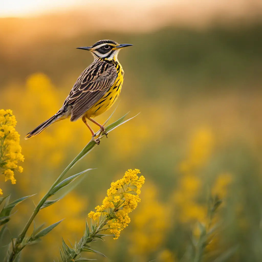 An image capturing the vibrant sunrise in a Florida meadow, showcasing an Eastern Meadowlark perched on a swaying goldenrod stalk, its bright yellow plumage illuminating the landscape with its radiant glow
