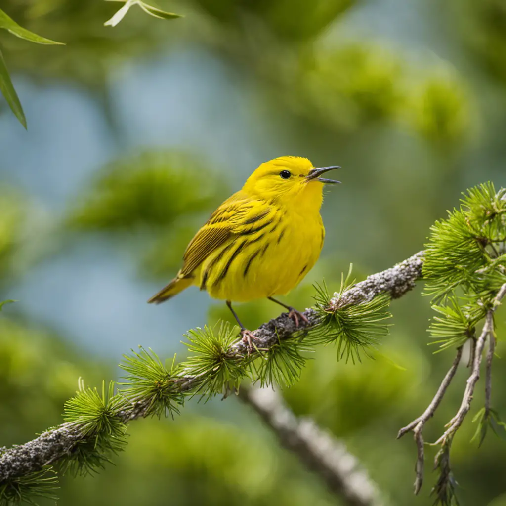  the enchanting sight of a vibrant male Yellow Warbler perched atop a swaying cypress branch, its lemony plumage contrasting against the lush green foliage and bathed in the warm Florida sunlight