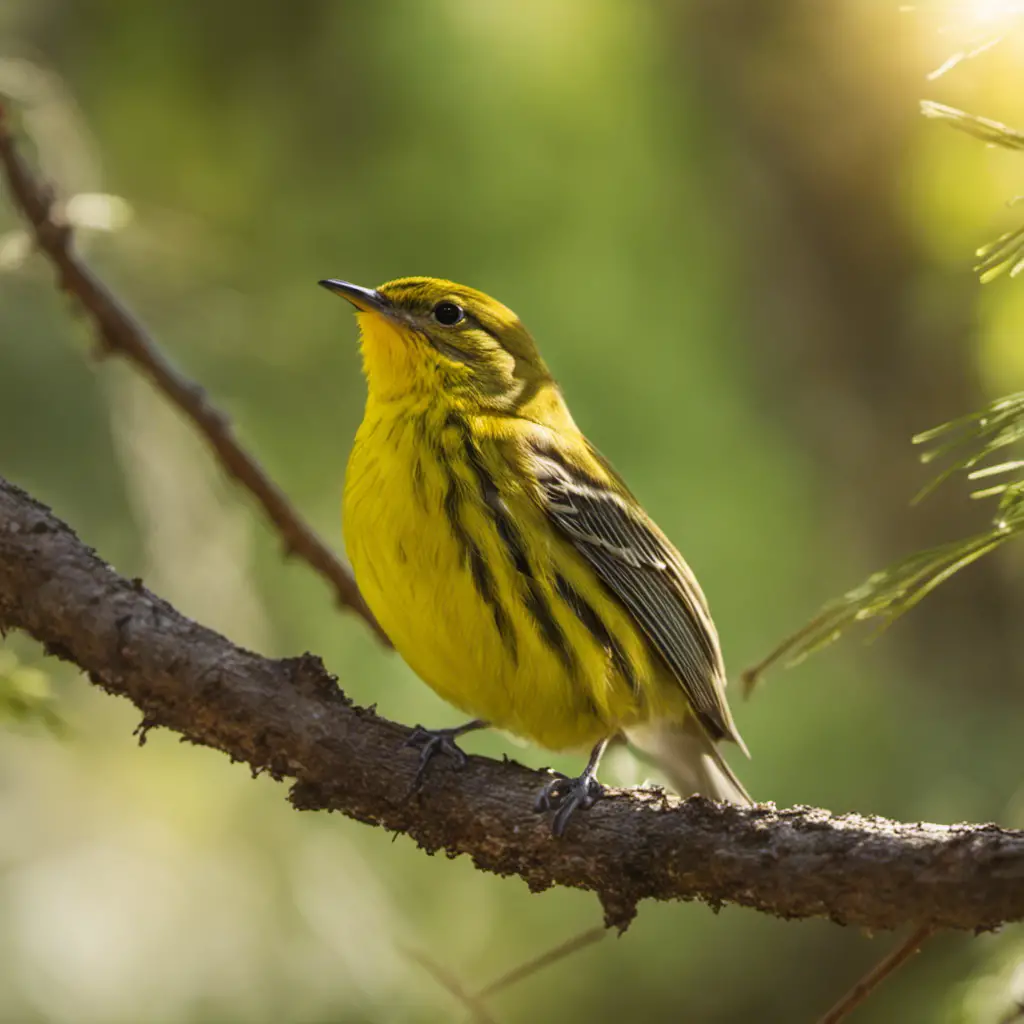 An image capturing the vibrant scene of a Pine Warbler perched on a sun-dappled branch amidst the lush greenery of a Florida pine forest