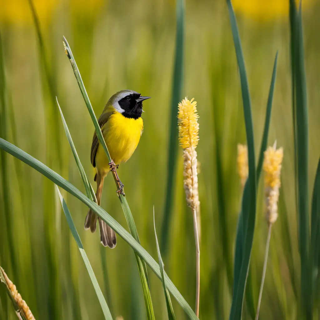 An image capturing the vibrant and lively Common Yellowthroat perched on a sun-kissed cattail in a Florida wetland, showcasing its distinct black mask, yellow plumage, and delicate white undertail feathers