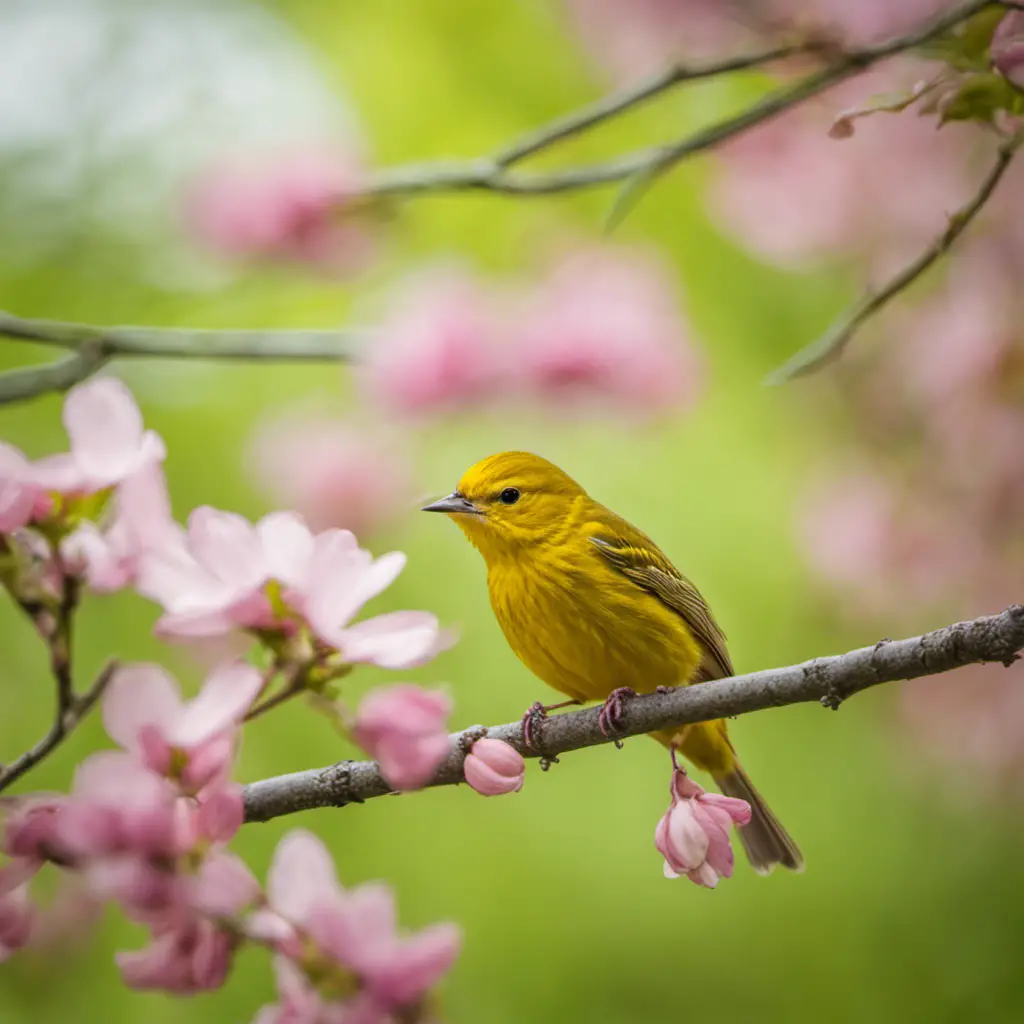 An image capturing the vibrant beauty of a Yellow Warbler perched on a blooming dogwood branch, its golden feathers contrasting against the delicate pink flowers, against a backdrop of lush green Michigan woodland