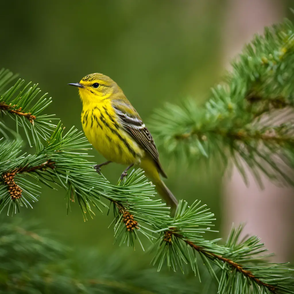 An image capturing the vibrant presence of a Pine Warbler amidst the lush greenery of Michigan's forests