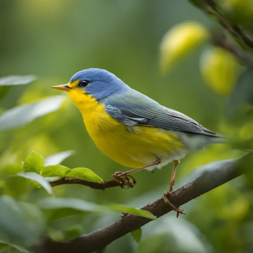 An image capturing the enchanting presence of Northern Parula, showcasing its vibrant lemon-yellow plumage adorned with a slate-blue back, contrasting against a backdrop of lush Michigan foliage, evoking the essence of this exquisite bird