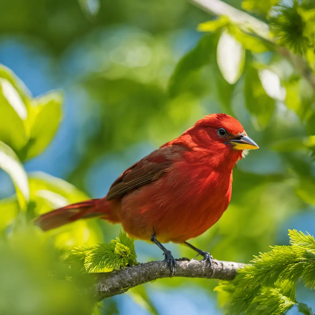 An image capturing the vibrant essence of a Summer Tanager in Michigan's sunny landscape