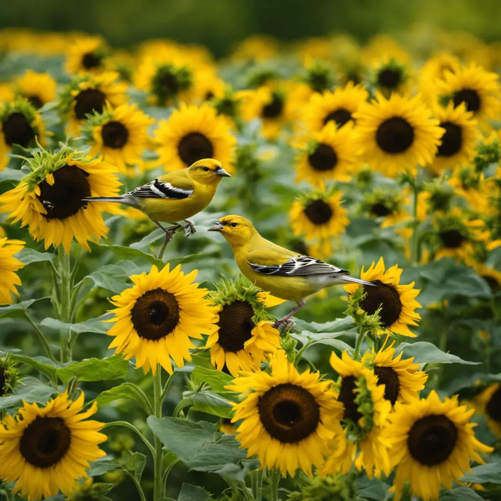 An image showcasing the vibrant beauty of Michigan's yellow birds: a flock of golden finches perched on a sunflower, their feathers radiating sunshine, amidst a backdrop of lush green forests and azure skies