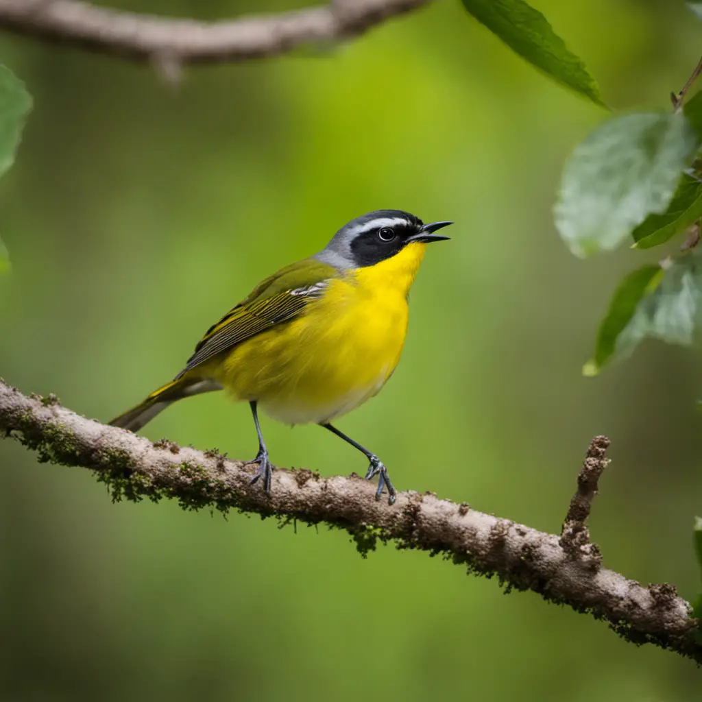 An image capturing the vibrant presence of a Yellow-Breasted Chat amidst a lush Michigan woodland, showcasing its striking lemon-yellow underparts, contrasting olive-green back, and its melodious song filling the air