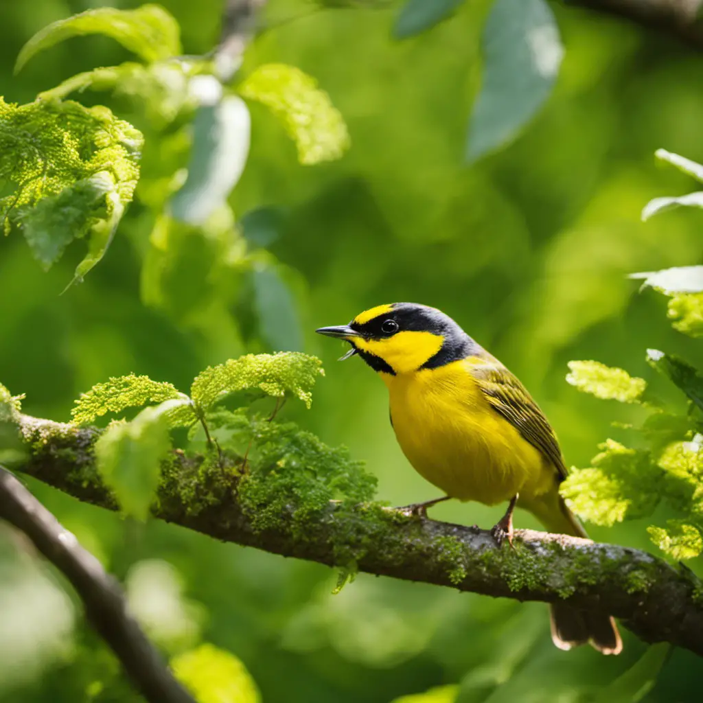An image capturing the vibrant scene of a Wilson's Warbler amidst the lush green foliage of a Michigan forest, its bright yellow plumage contrasting with the dappled sunlight filtering through the leaves