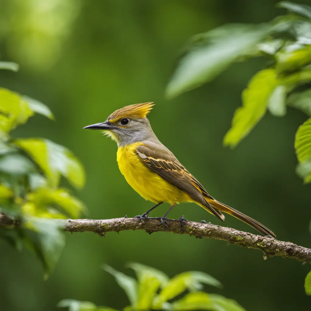 An image capturing the vibrant scene of a Great Crested Flycatcher perched on a branch against a backdrop of lush green foliage in a Michigan forest, showcasing its yellow plumage and elegant crest