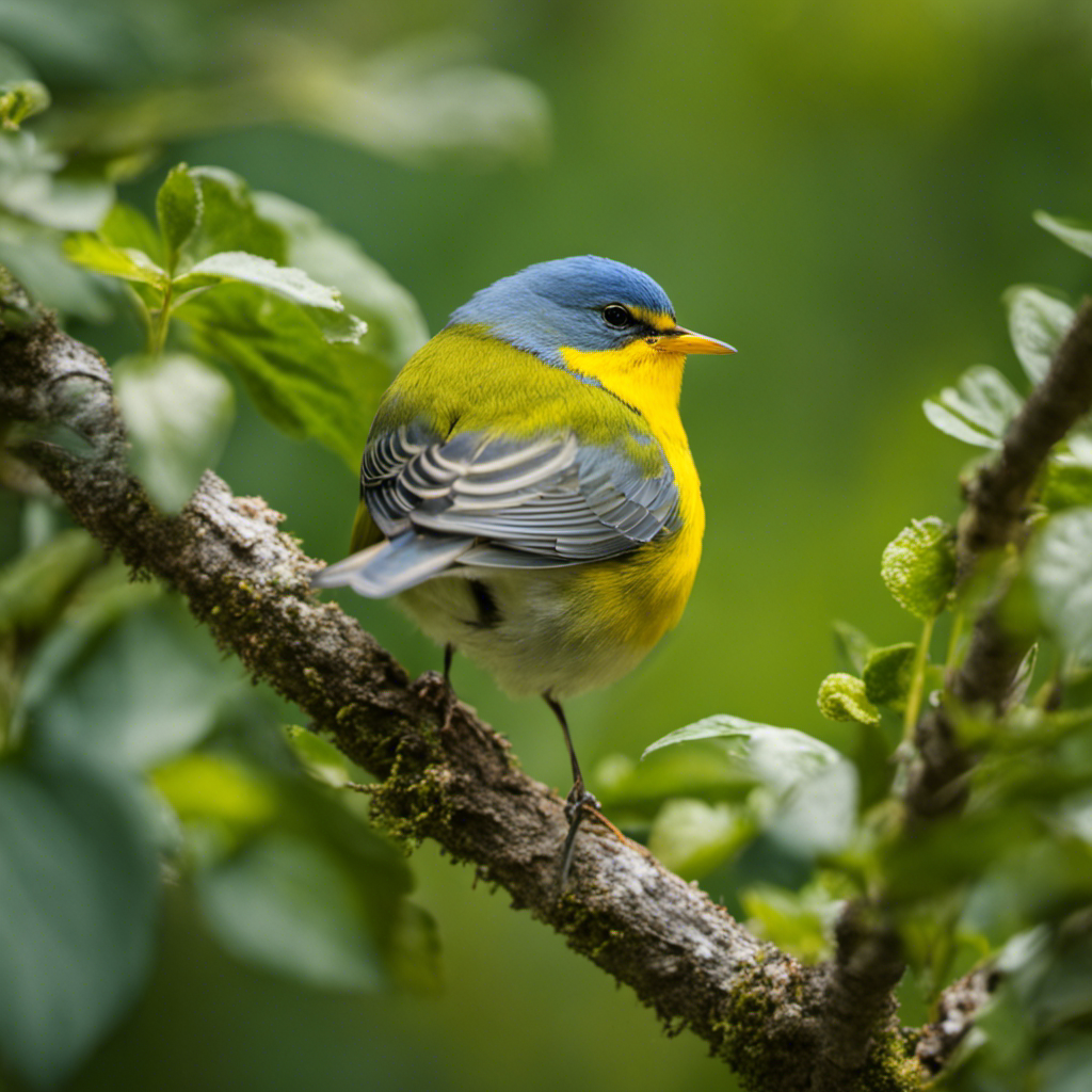 An image capturing the enchanting presence of a Northern Parula, a small yellow bird with a slate-blue back, surrounded by lush foliage in the forests of North Carolina