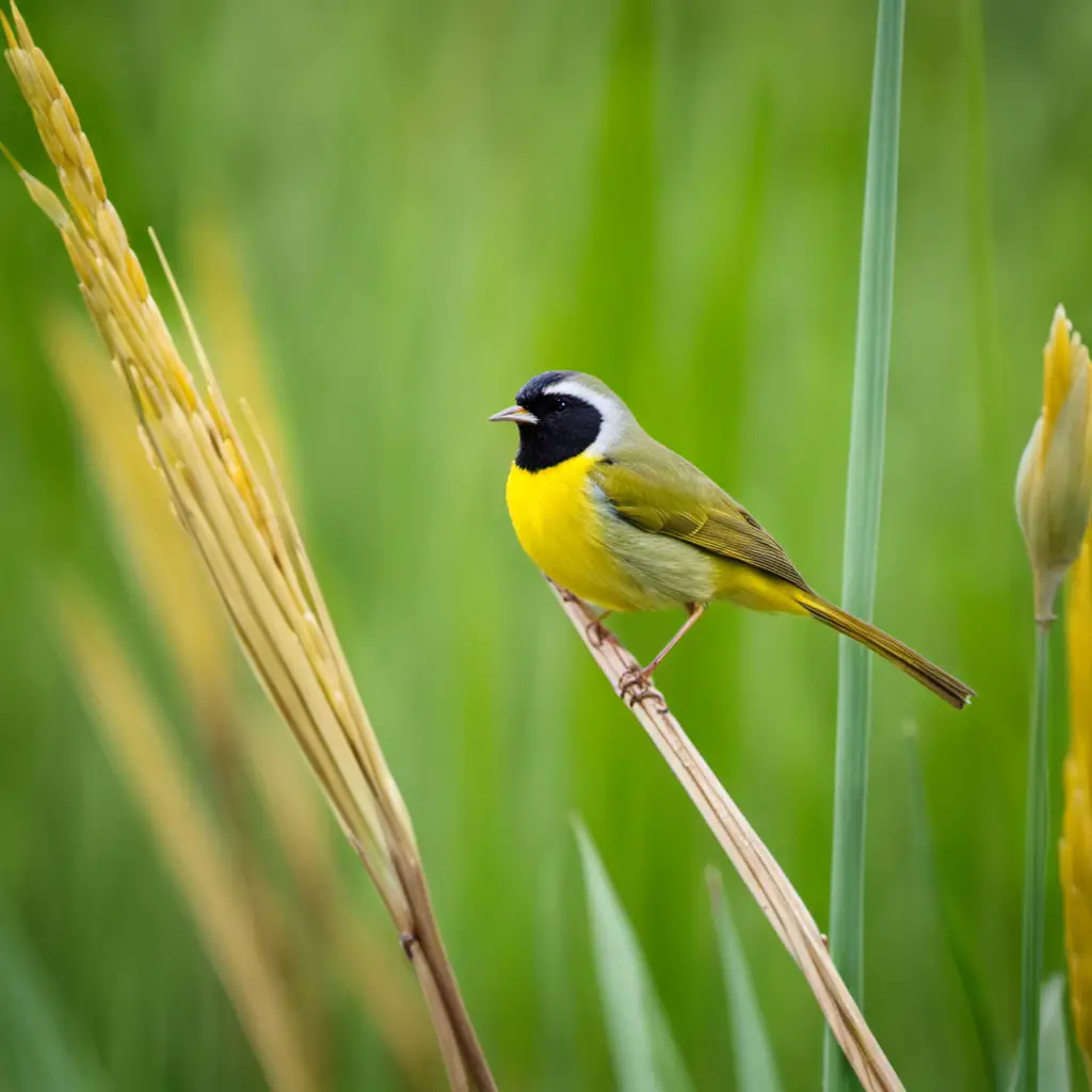 An image that showcases the vibrant flora of a North Carolina wetland, with a male Common Yellowthroat perched on a cattail, its bright yellow plumage contrasting against the lush green background