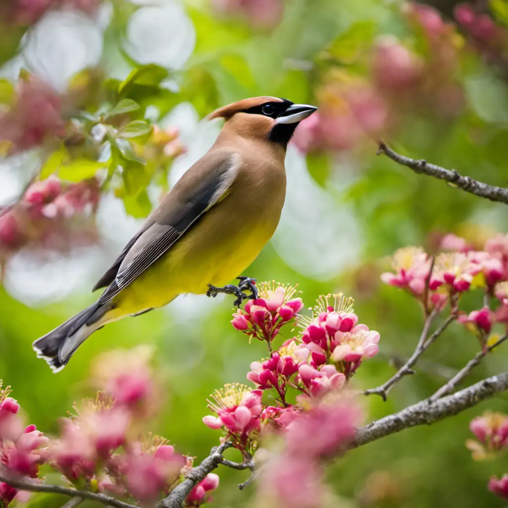 An image capturing the vibrant beauty of a Cedar Waxwing perched on a blooming dogwood tree, against a backdrop of lush green foliage, showcasing the unique yellow plumage of this North Carolina bird