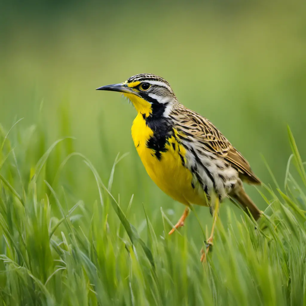 An image capturing the vibrant essence of Eastern Meadowlark, showcasing its bright lemon-yellow feathers contrasting against the lush green grasses of North Carolina