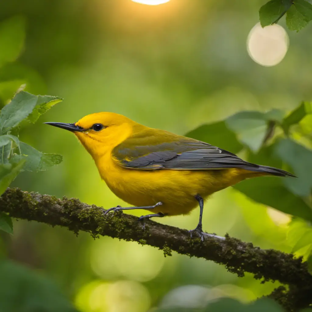 A captivating image showcasing the vibrant beauty of a Prothonotary Warbler in its natural habitat, surrounded by lush green foliage and bathed in the warm, golden sunlight of North Carolina's forests