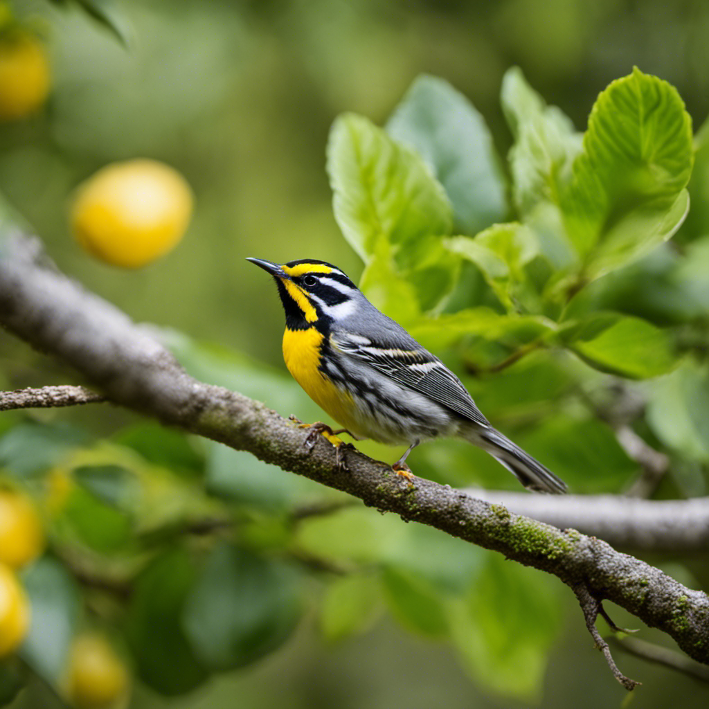 An image capturing the exquisite beauty of a Yellow-Throated Warbler perched on a branch, its vibrant lemon-yellow throat contrasting against the lush green foliage of North Carolina