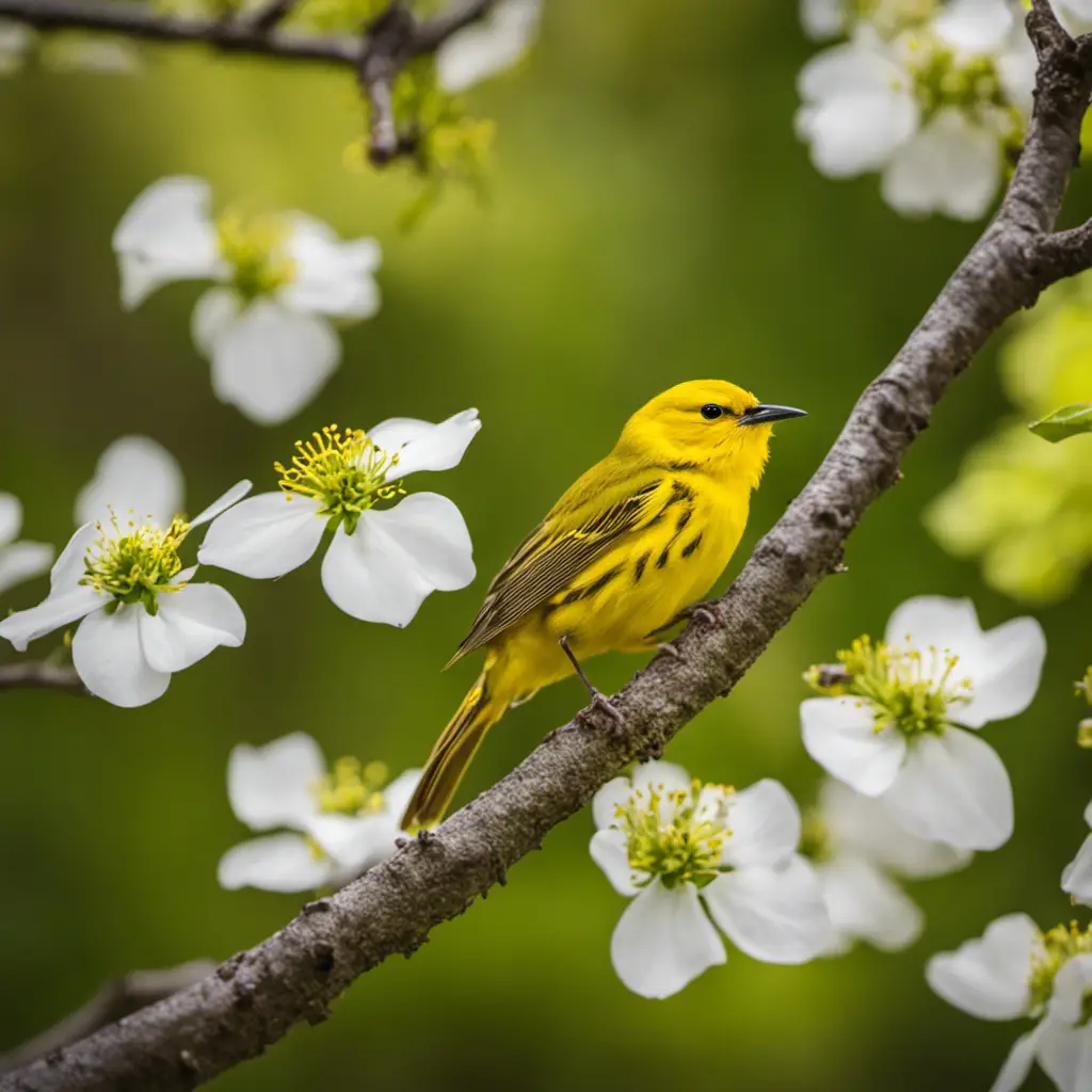 An image capturing the vibrant essence of North Carolina's American Yellow Warbler, showcasing its golden plumage, contrasting dark streaks, and distinctive black mask, perched gracefully on a blooming dogwood branch