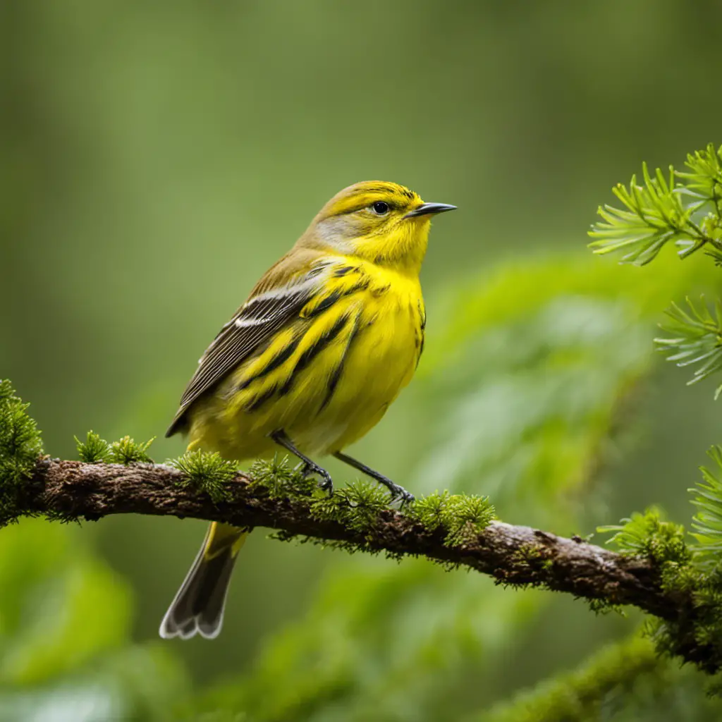 An image capturing the vibrant beauty of a Pine Warbler amidst the lush green backdrop of a North Carolina forest