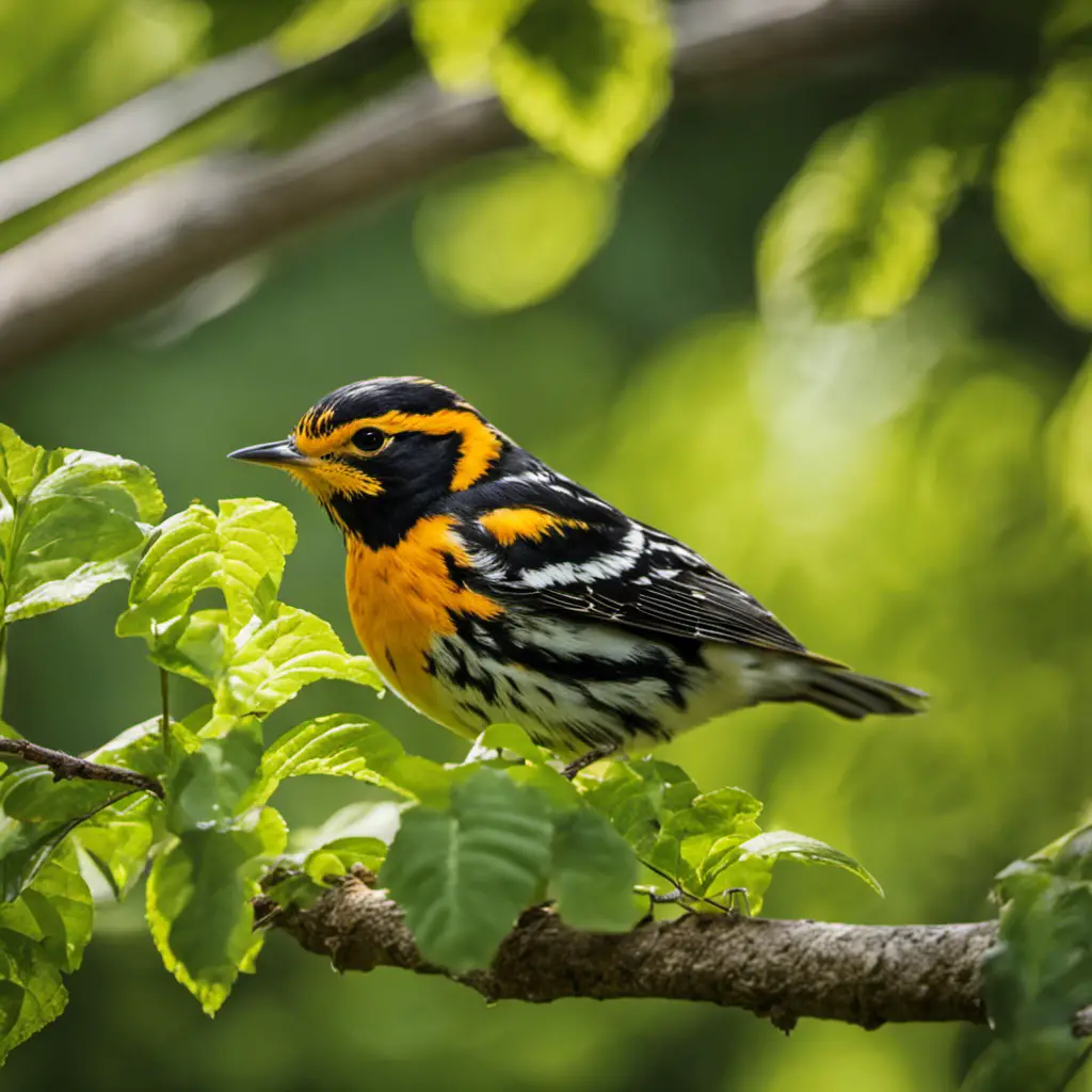 An image capturing the vibrant beauty of a Blackburnian Warbler perched on a sun-dappled branch in an Ohio forest