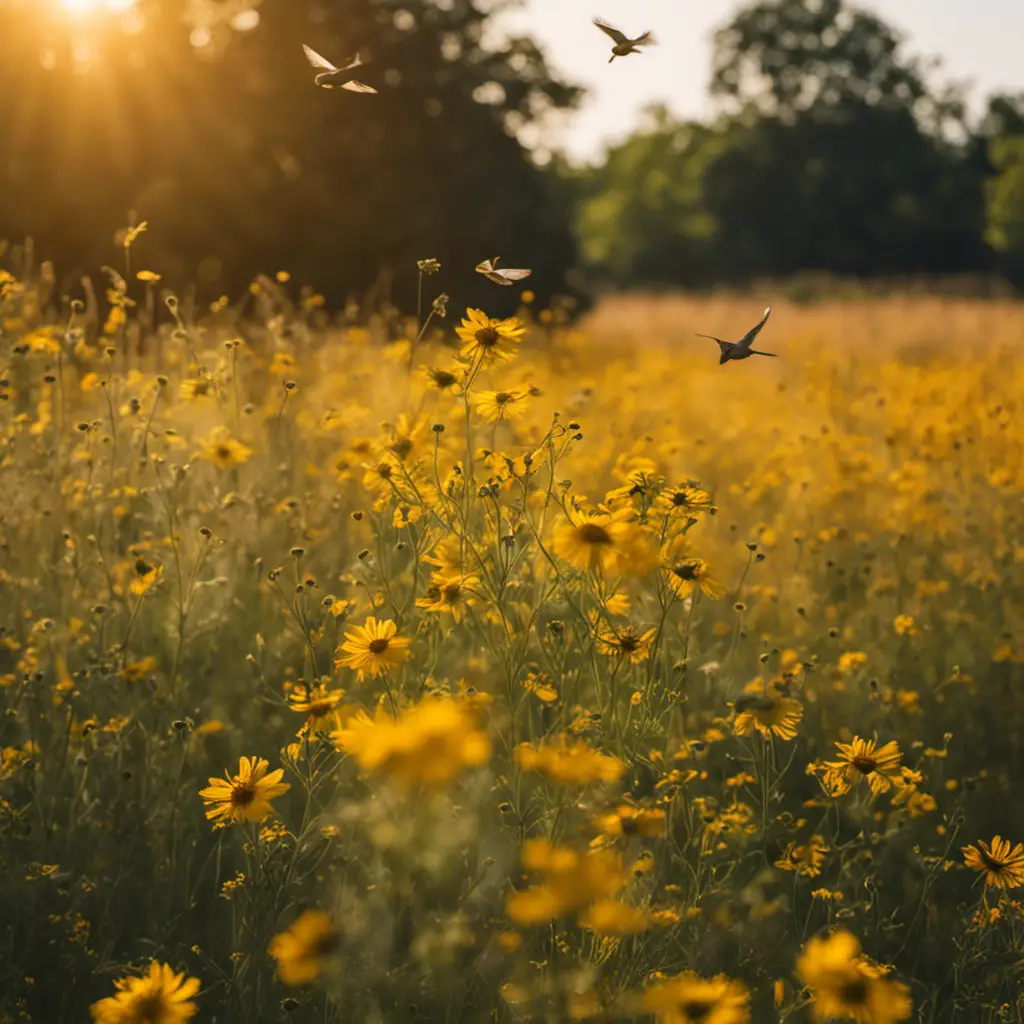 An image capturing the vibrant scene of a sun-kissed Ohio meadow, teeming with golden wildflowers gently swaying in the breeze, as a flock of canary-yellow birds gracefully flit and chirp overhead