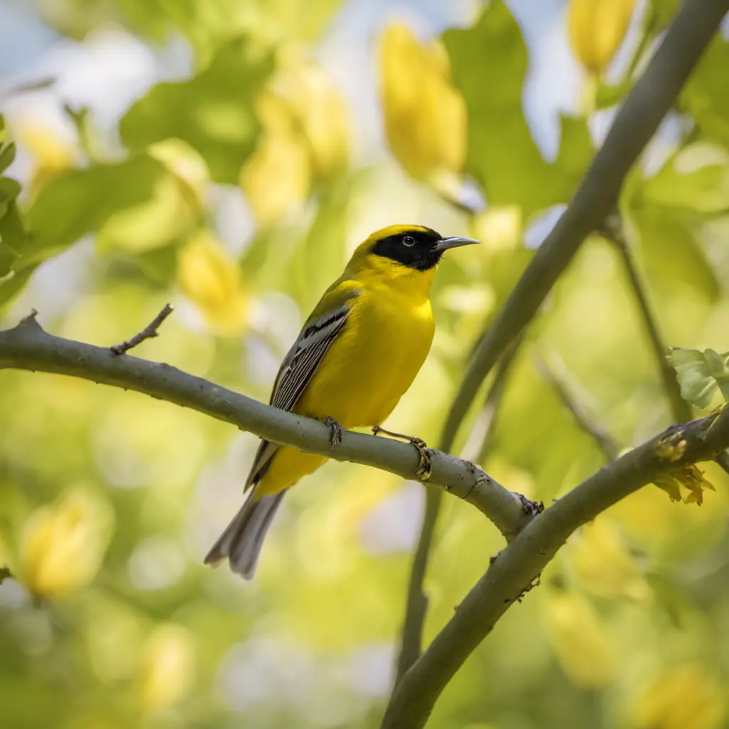 An image capturing the vibrant scene of a Wilson's Warbler perched on a blooming tulip poplar tree against the backdrop of a picturesque Pennsylvania landscape, showcasing the stunning yellow birds that grace the region