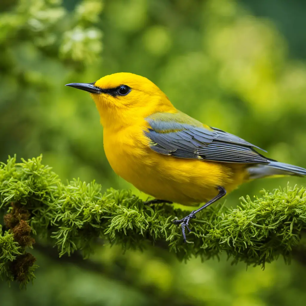 An image of a vibrant Prothonotary Warbler perched on a moss-covered branch, its radiant yellow plumage contrasting with the lush green surroundings