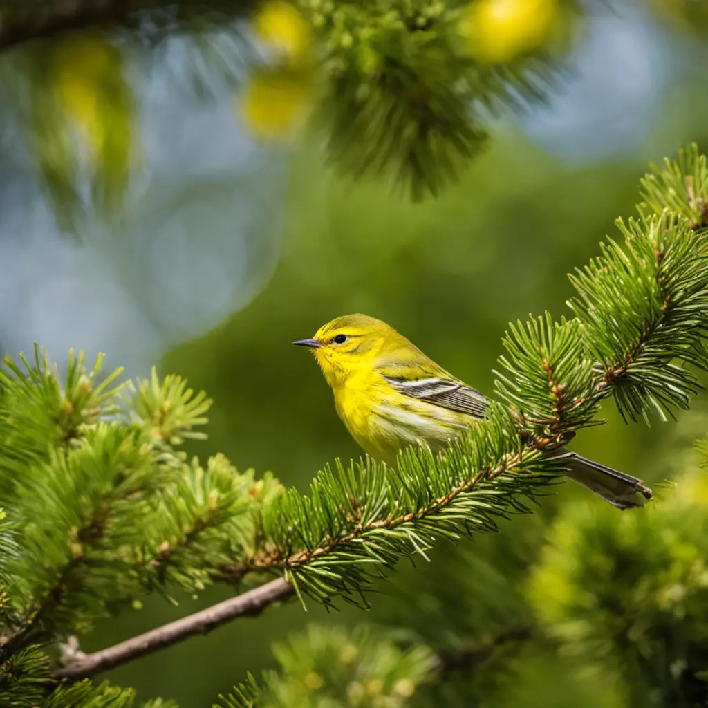 An image showcasing a vibrant, sunlit Pennsylvania forest, where a petite Pine Warbler perches on a slender pine branch