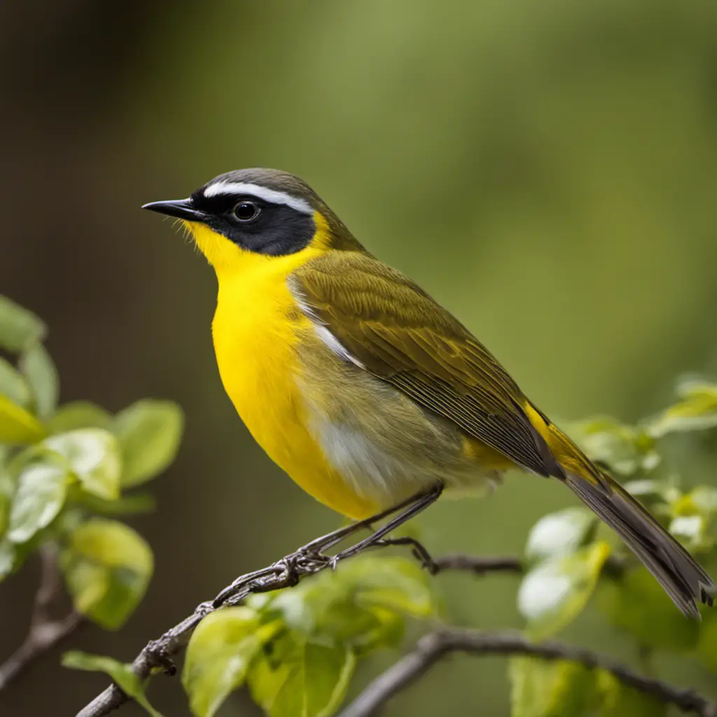 An image capturing the vibrant presence of a Yellow-breasted Chat in Pennsylvania - a lively, medium-sized bird with a lemon-yellow breast, olive-green back, and a distinct white eye-ring