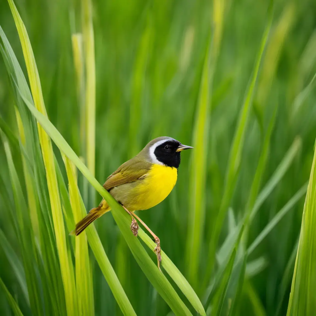 An image capturing the vibrant scene of a male Common Yellowthroat perched on a lush green cattail in a Pennsylvania marsh, its brilliant yellow plumage contrasting against the surrounding vegetation
