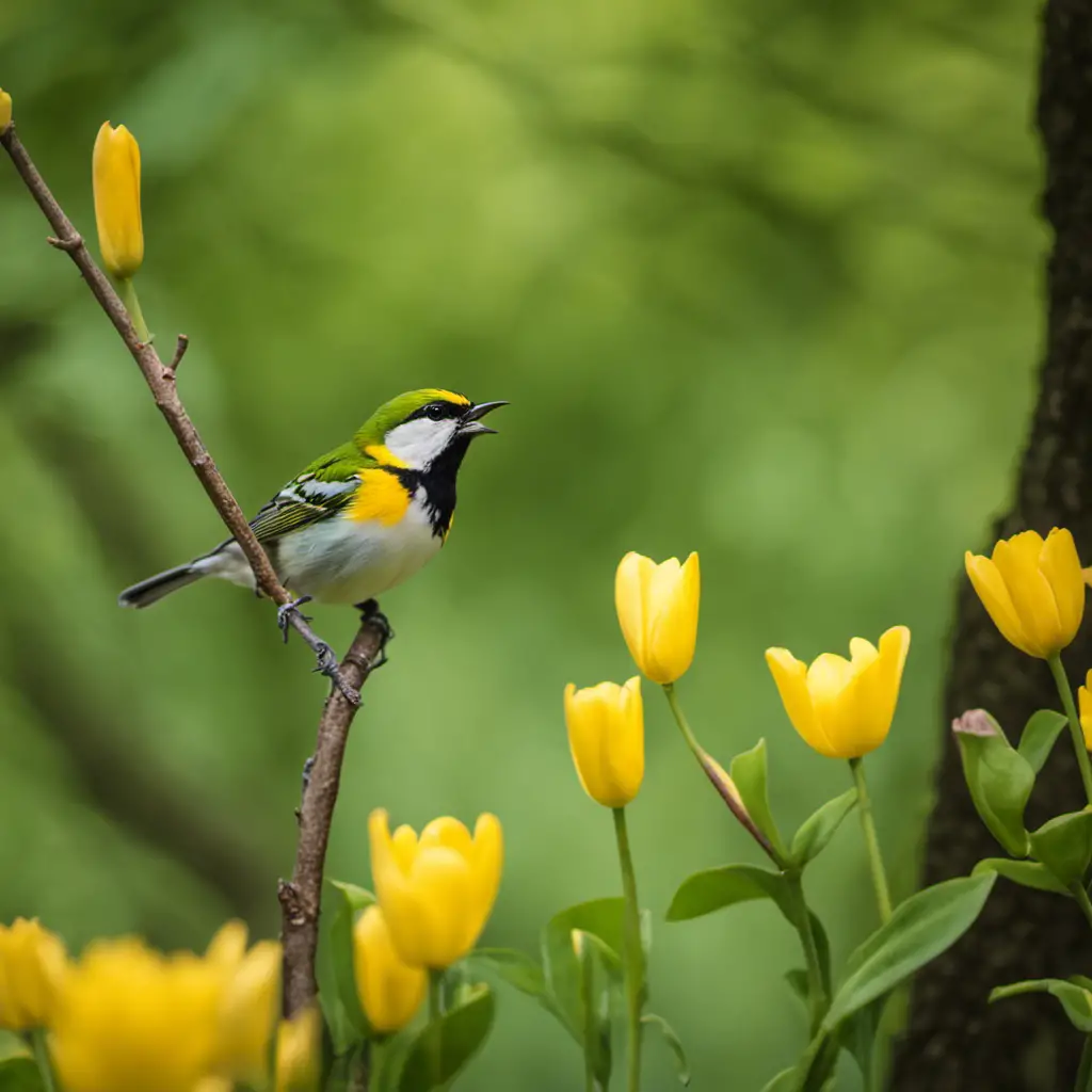 An image capturing the vibrant beauty of a Chestnut-sided Warbler, perched on a blooming yellow tulip tree branch, amidst the lush green foliage of Pennsylvania's serene forests
