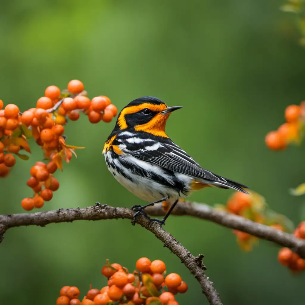 An image capturing the vibrant essence of a Blackburnian Warbler perched on a sun-drenched branch amidst the lush greenery of Pennsylvania's forests