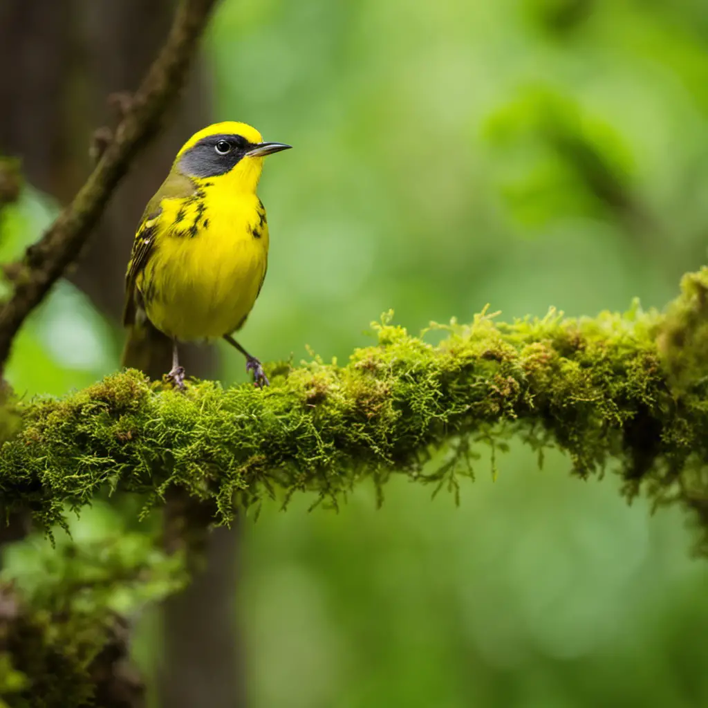An image of a vibrant, sunlit Pennsylvania forest, where a Kentucky Warbler perches on a moss-covered branch