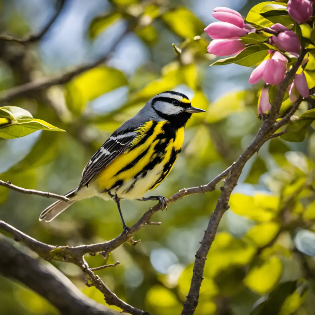 An image capturing the exquisite beauty of a Magnolia Warbler perched on a sun-kissed branch amidst the vibrant foliage of Pennsylvania