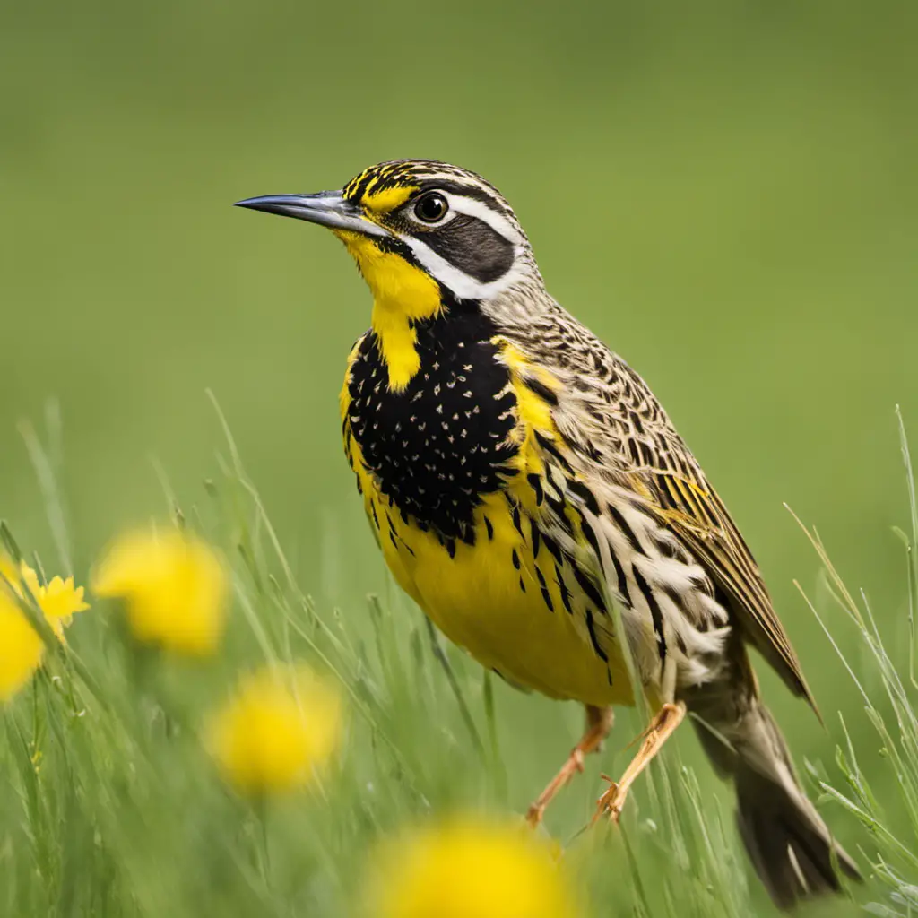 An image showcasing the vibrant beauty of a Western Meadowlark, with its radiant yellow breast, long pointed beak, and distinctive black V-shaped bib on its chest, set against a backdrop of rolling green meadows