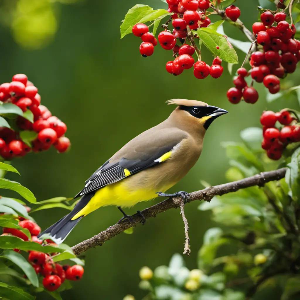 An image showcasing the vibrant beauty of a Cedar Waxwing, with its sleek yellow crest and distinctive black mask, perched on a branch adorned with juicy red berries, against a backdrop of lush green foliage