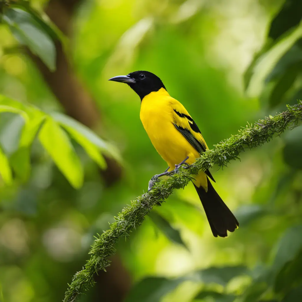 An image capturing the vibrant allure of the Black-Naped Oriole, with its radiant yellow plumage blending harmoniously against the lush green foliage, showcasing its elegant form and captivating presence