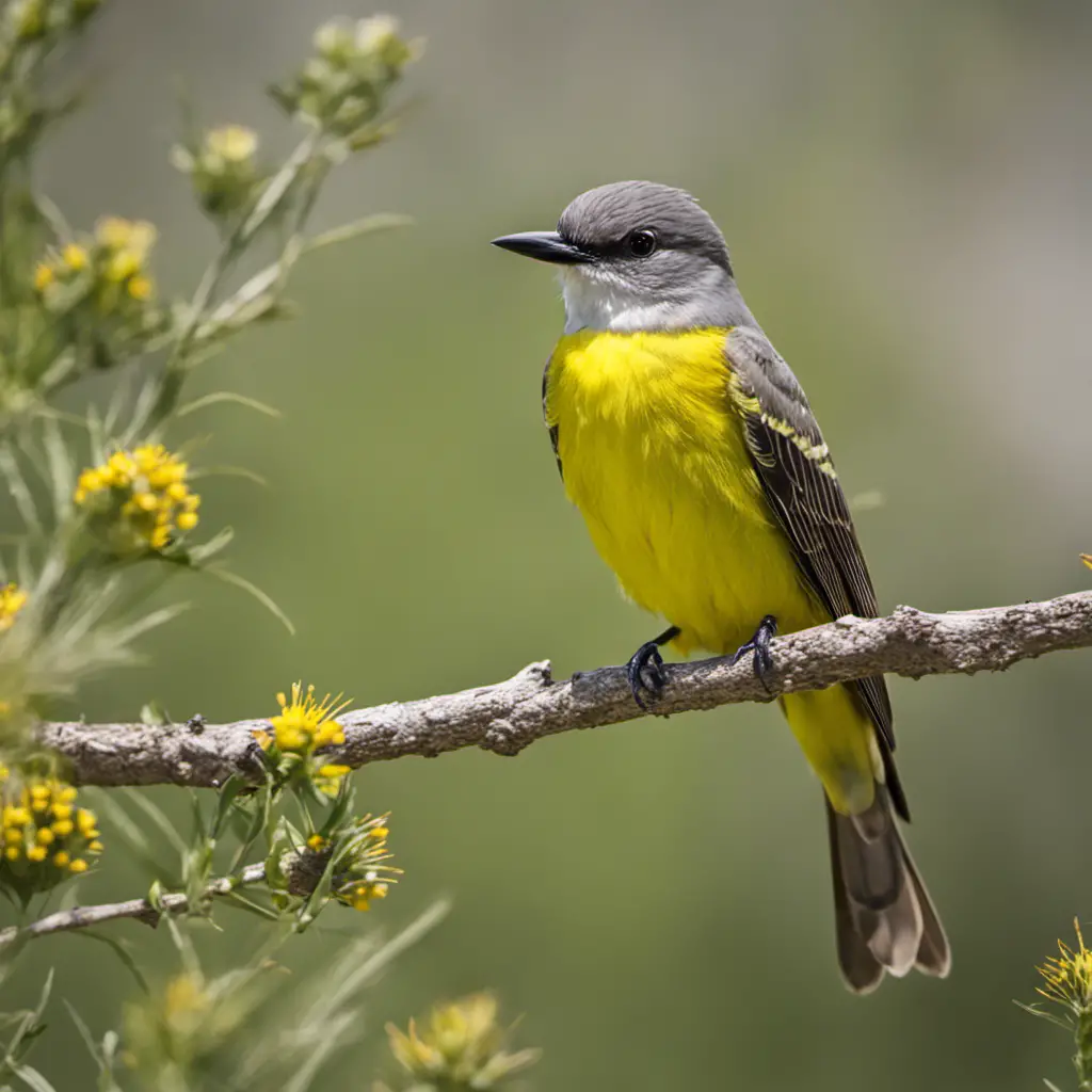 An image capturing the vibrant beauty of a Western Kingbird, with its striking yellow breast contrasting against its sleek gray back, perched on a branch, its beady eyes alert and feathers slightly ruffled by a gentle breeze