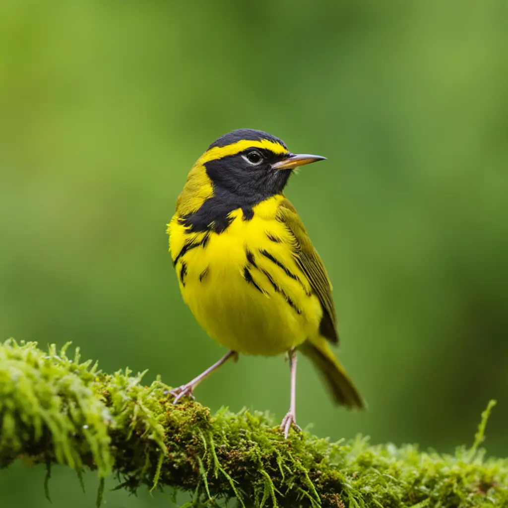 An image showcasing the vibrant, yellow-breasted Kentucky Warbler perched on a moss-covered branch amidst a lush woodland backdrop