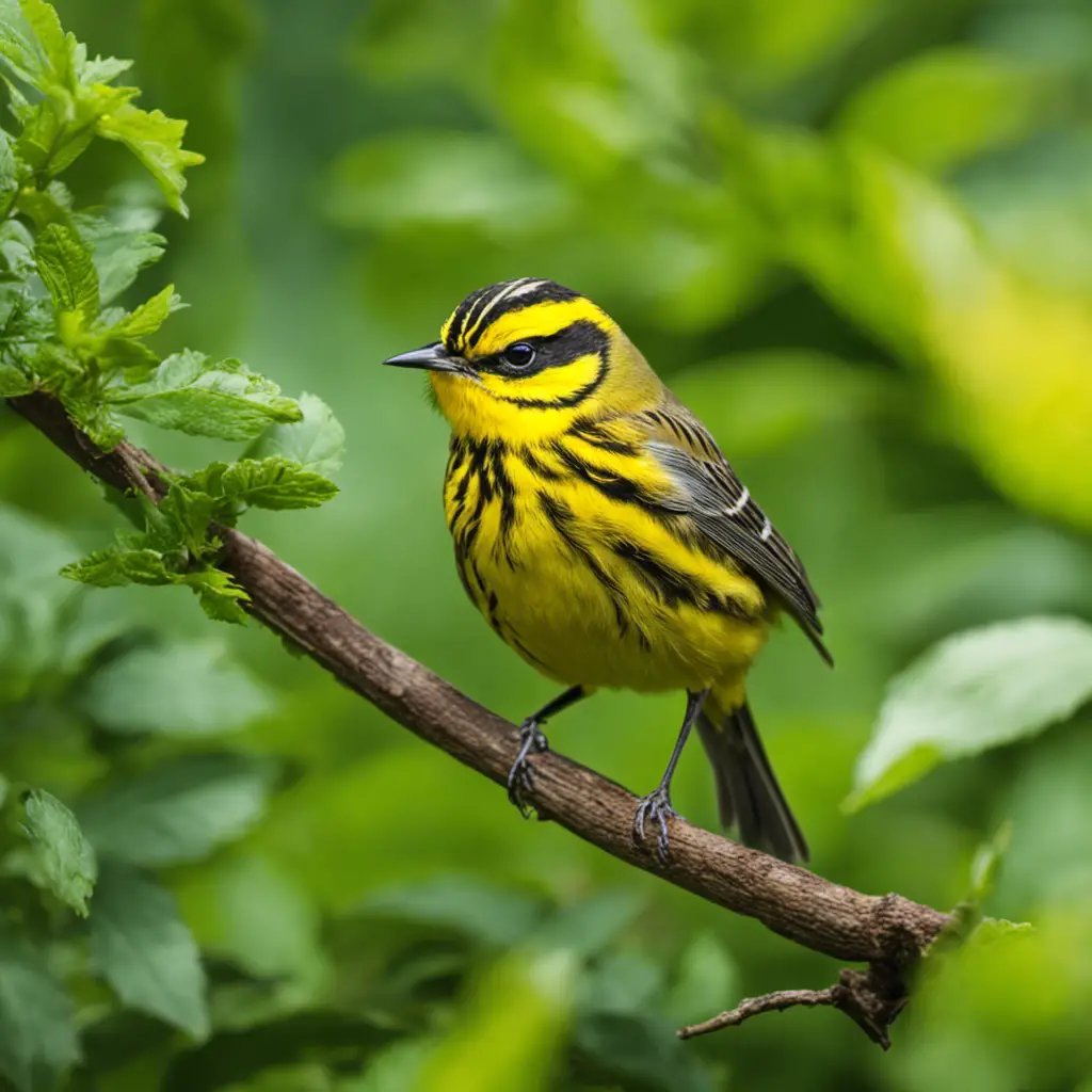 An image capturing the enchanting allure of a Prairie Warbler, showcasing its vibrant yellow breast and intricate black streaks on a backdrop of lush green foliage, evoking the serene beauty of its natural habitat