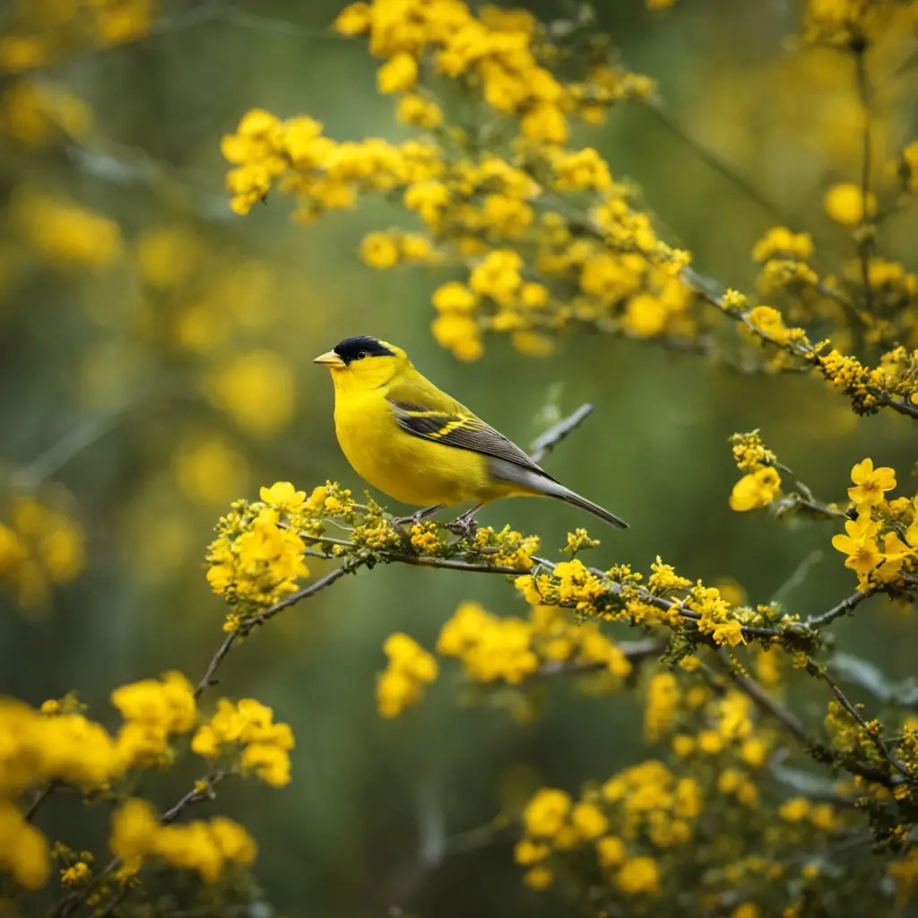 An image capturing the vibrant world of yellow-breasted birds: a sunlit forest clearing adorned with delicate golden flowers, where a flock of lively canaries and finches dance among the branches, their radiant plumage illuminating the scene