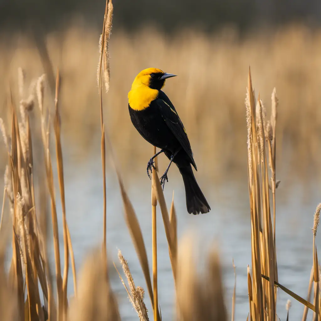 An image capturing the vibrant beauty of a male Yellow-Headed Blackbird perched on a cattail, its striking yellow head contrasting against its sleek black body, amidst a marshy wetland buzzing with life